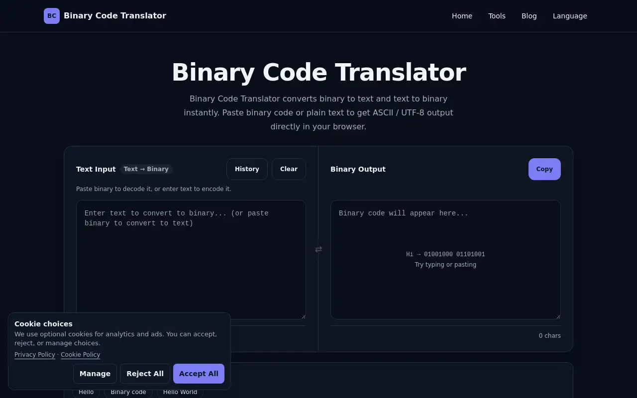 Screenshot of binary-code-translator.com