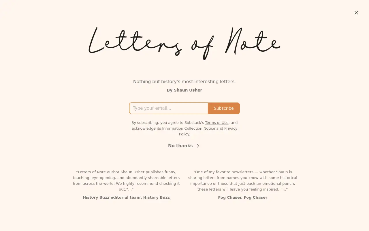 Screenshot of lettersofnote.com