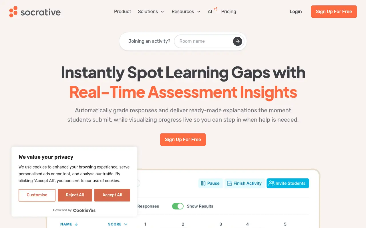 Screenshot of socrative.com