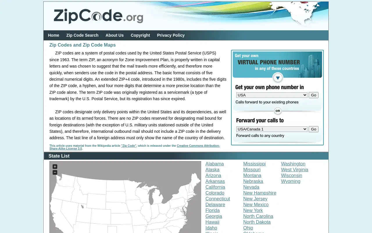 Screenshot of zipcode.org